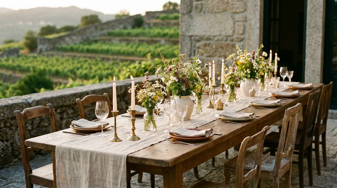 Long dinner table set for a private event on a stone terrace overlooking vineyards in Northern Portugal at golden hour